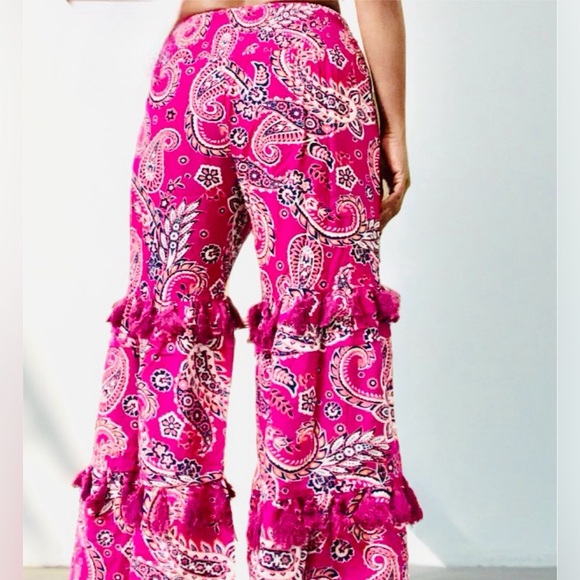 WOMEN'S SMOCK WAIST PAISLEY PRINT TIERED WIDE LEG PALAZZO PANTS - Picture 5 of 7